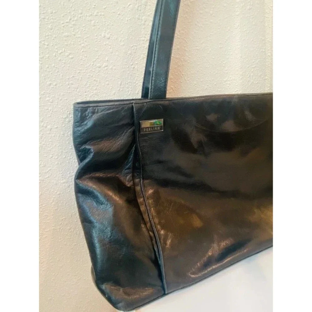 Perlina Leather Tote Bag Purse Black 18” Women's with lock charm
